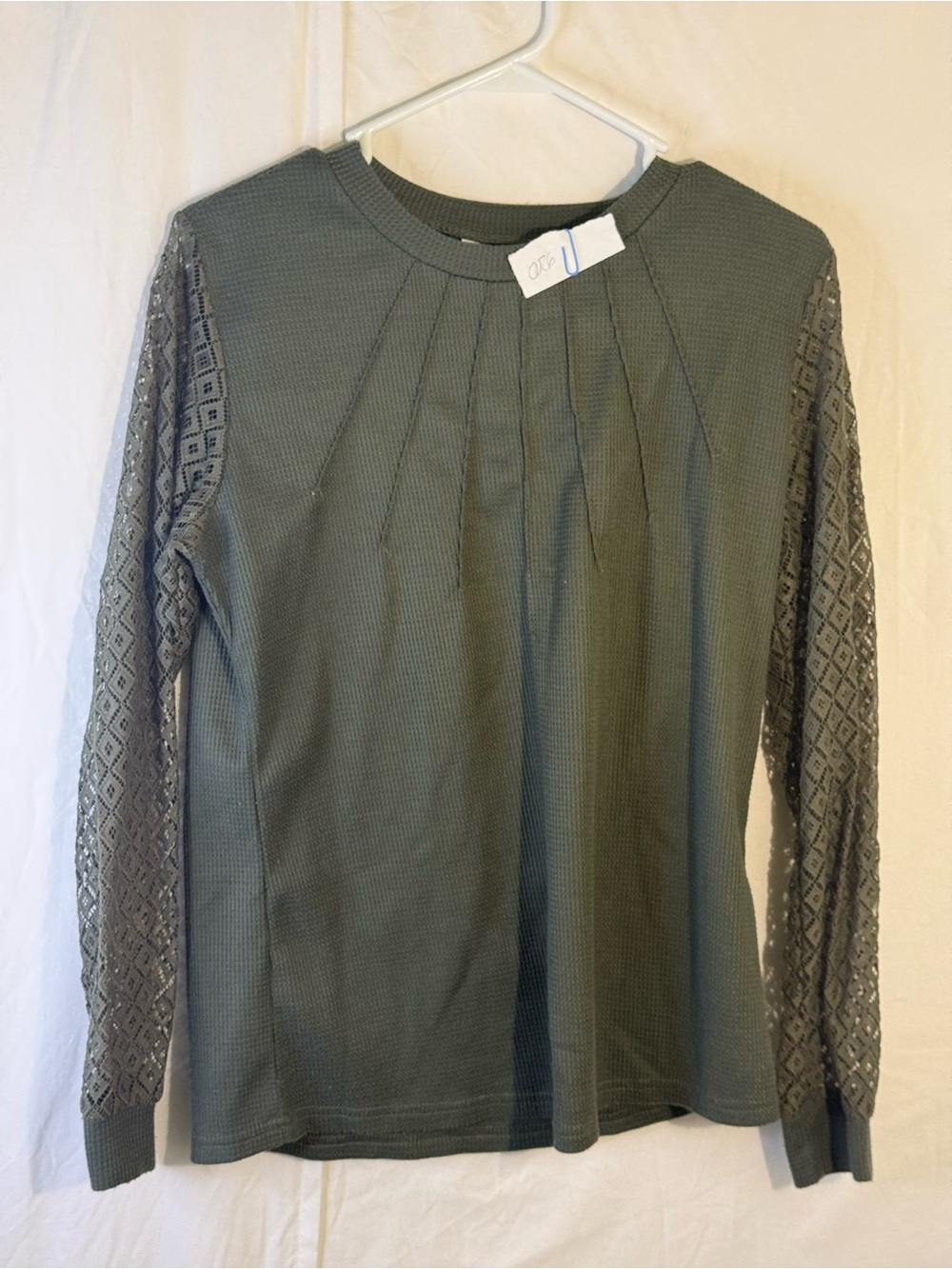 sundance boutique Olive Green Long-Sleeve Waffle Top with Lace Sleeves